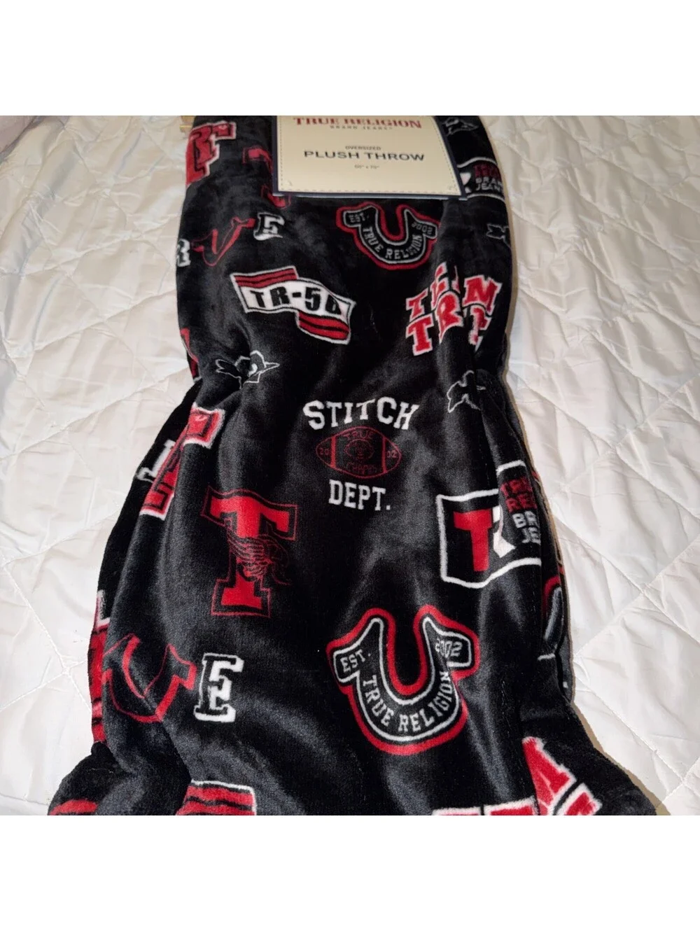 True Religion Oversized Plush Blanket 60x70 in black w/ red Graphics Jersey